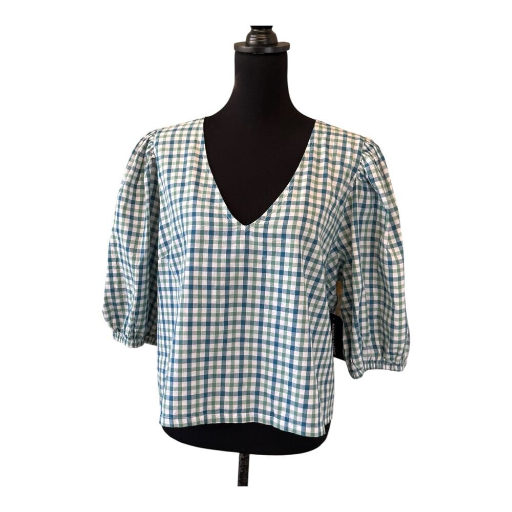 NEW Melrose And Market Green White Check V-Neck Pullover Crop Top Size XL